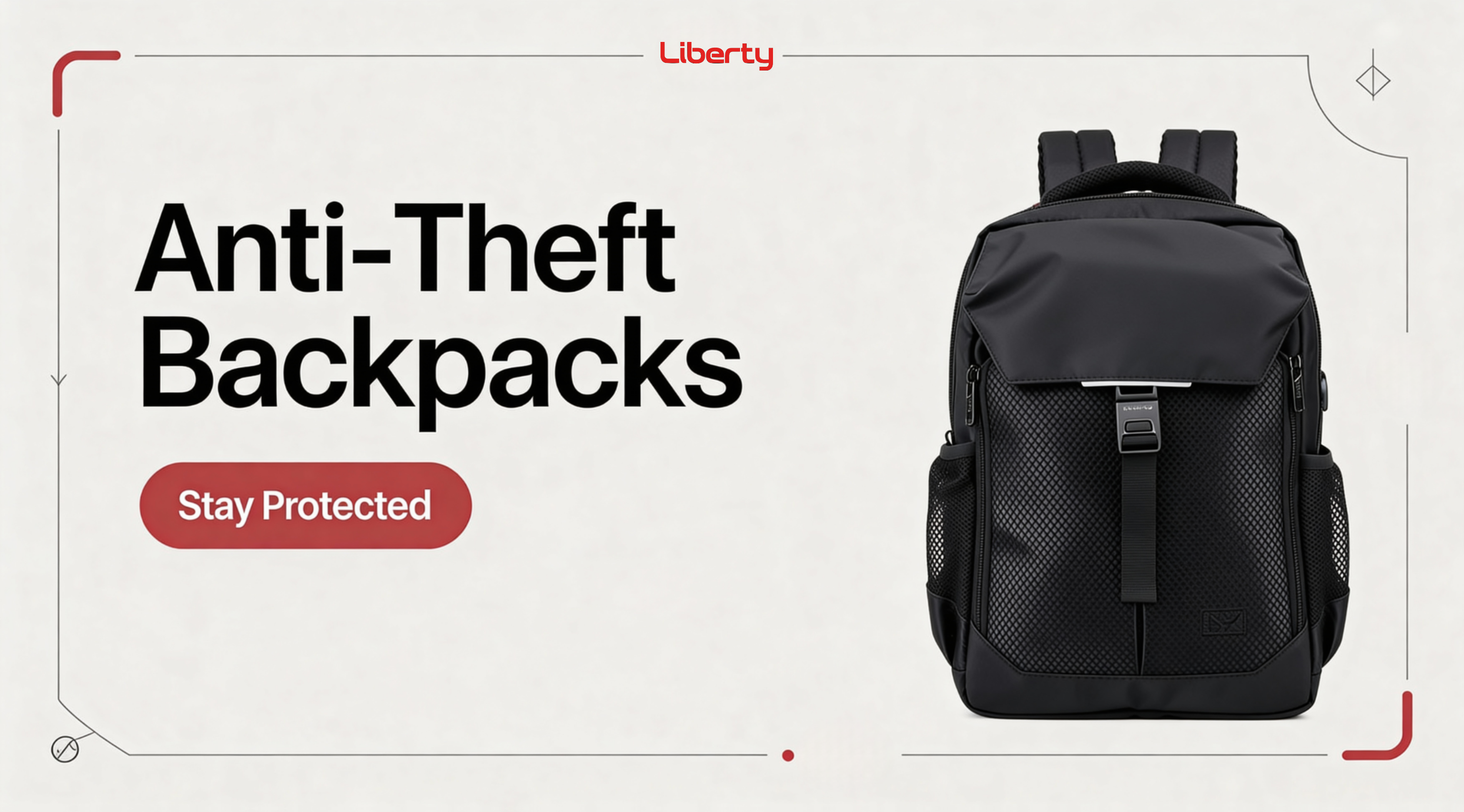 Black backpack with 'Anti-Theft Backpacks' text and 'Liberty' branding on a white background.