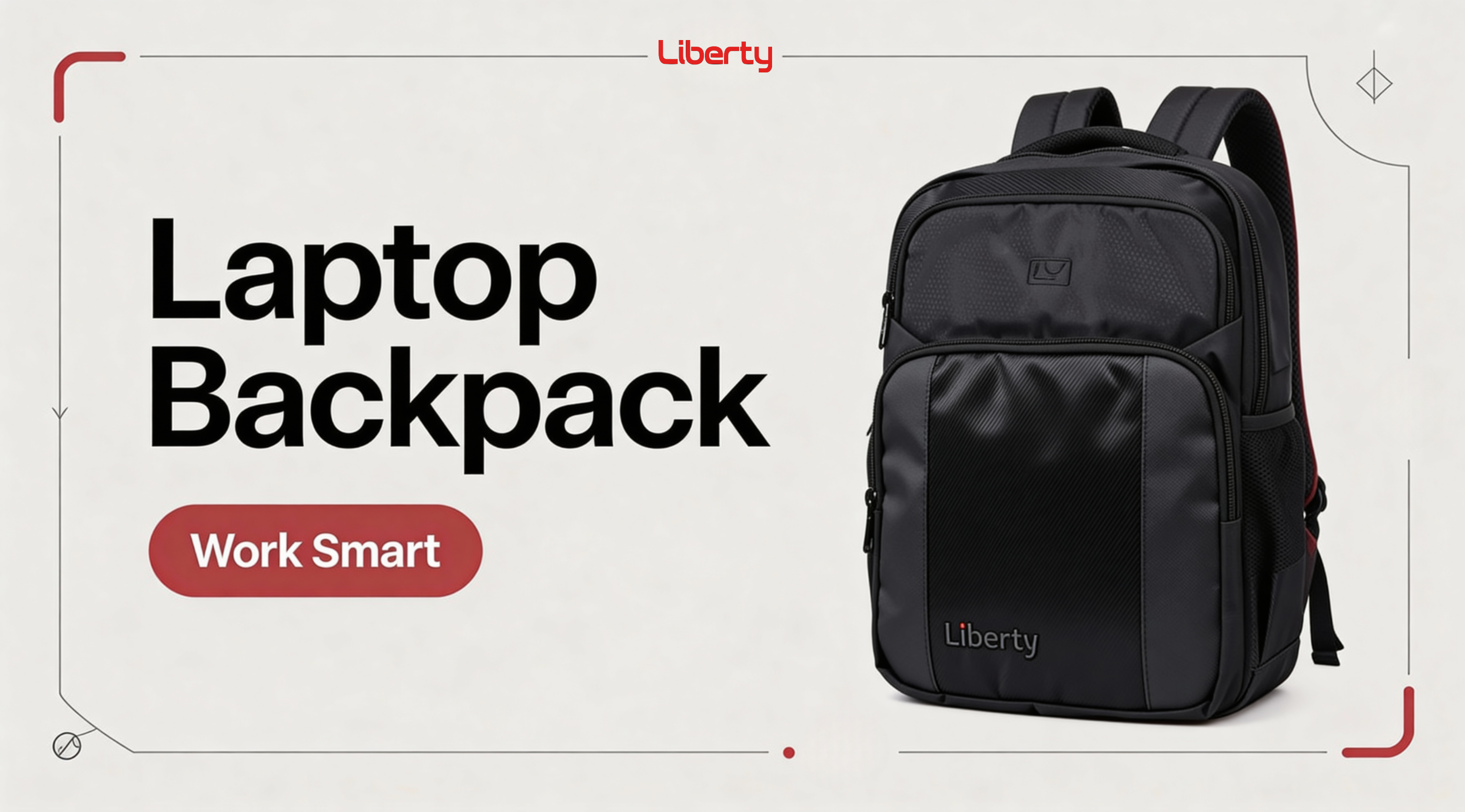 Black laptop backpack with 'Liberty' branding on a white background