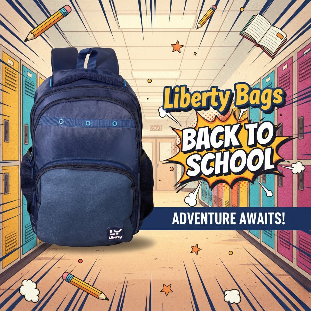 Blue backpack with 'Liberty Bags' branding in a school hallway setting.