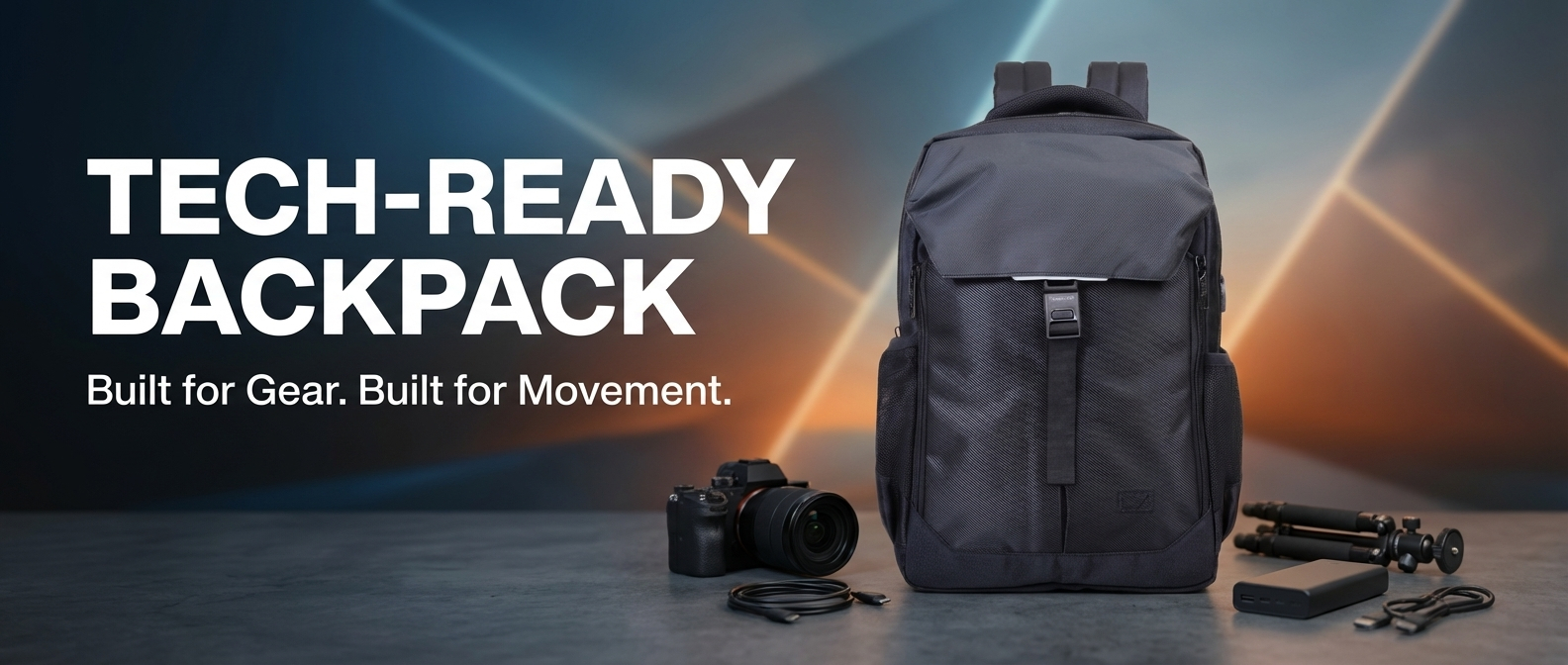 Gray backpack with camera and gadgets on a dark background with 'Tech-Ready Backpack' text.