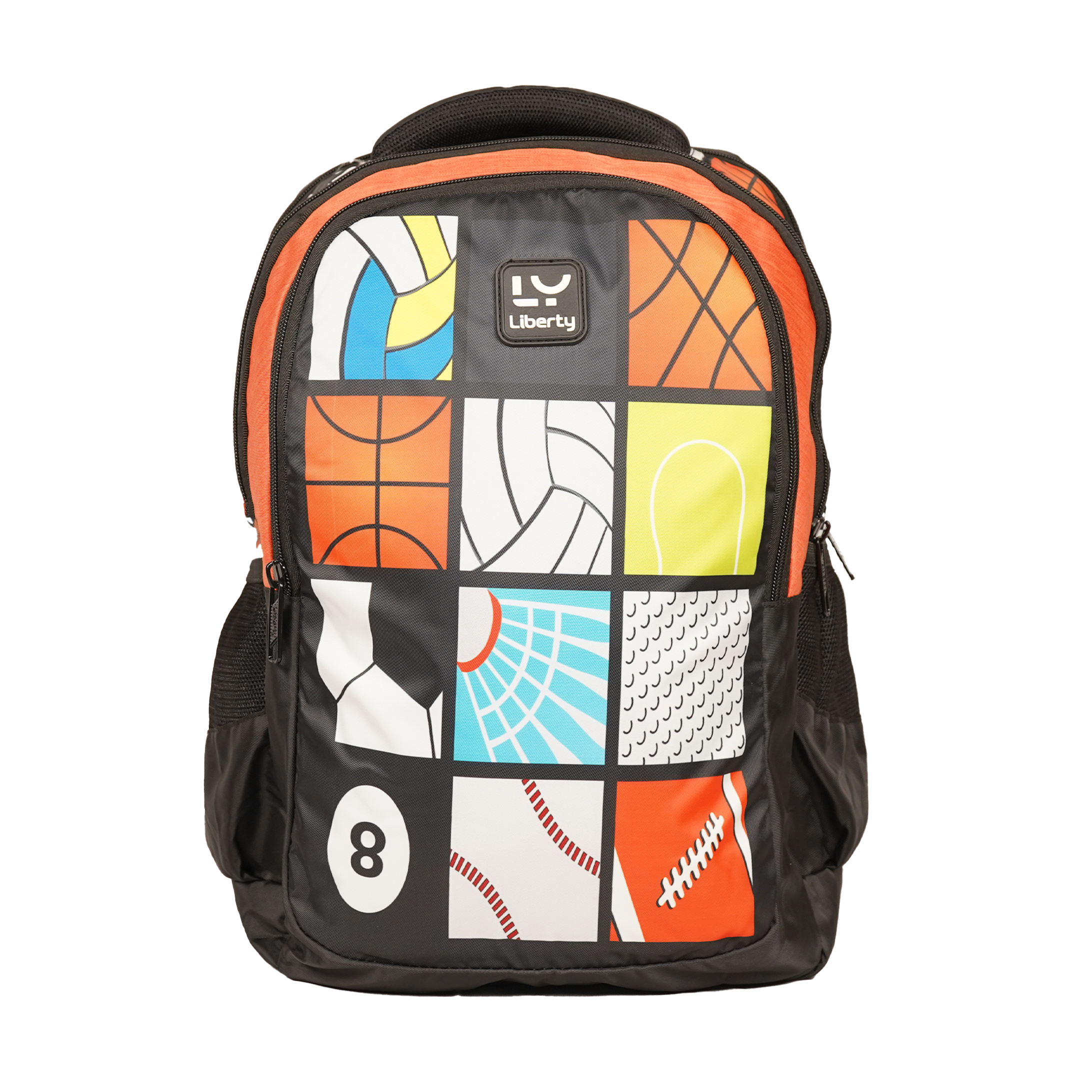 Backpack with colorful geometric patterns on a white background