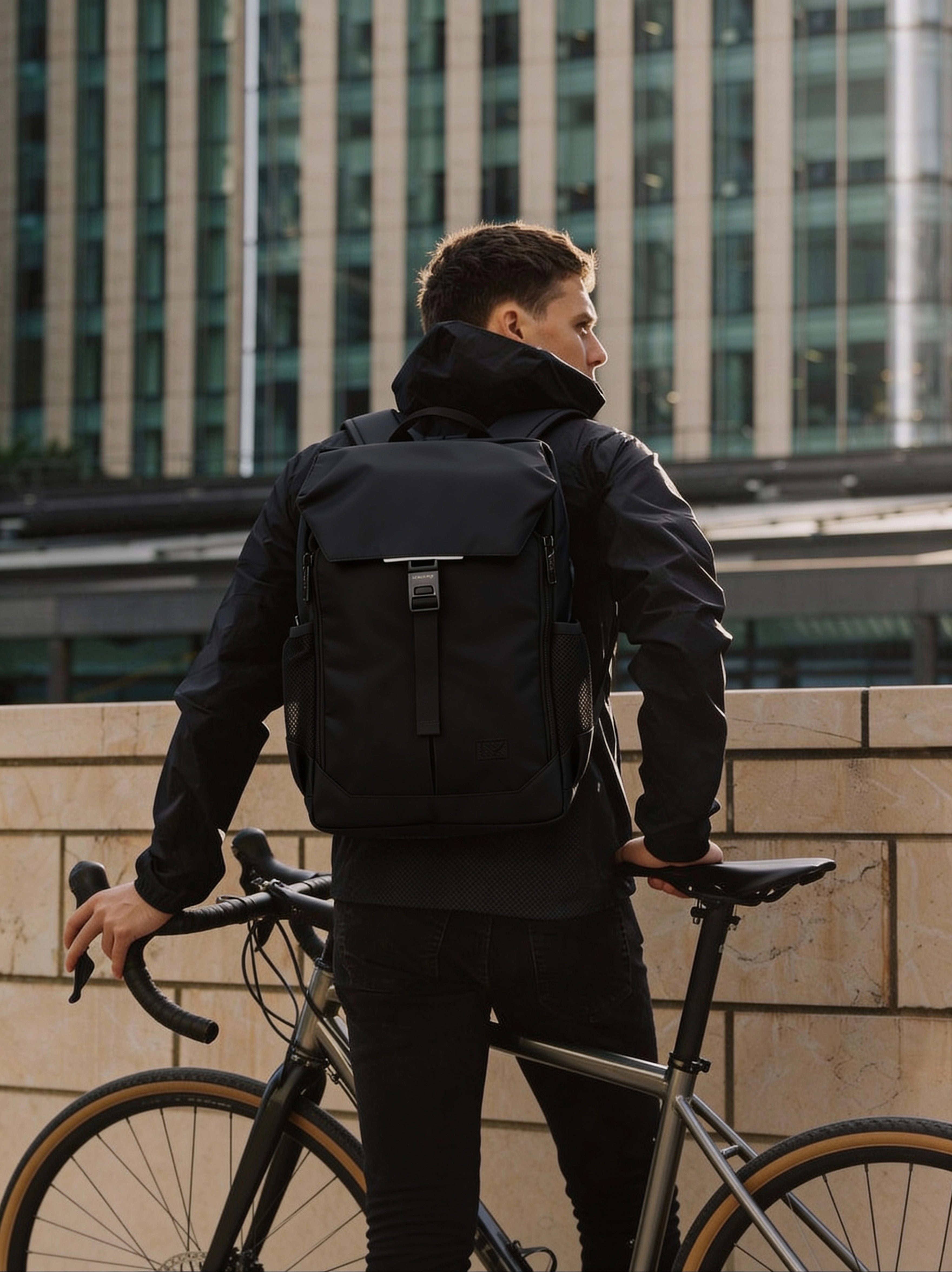 Person with a black backpack standing next to a bicycle in an urban setting