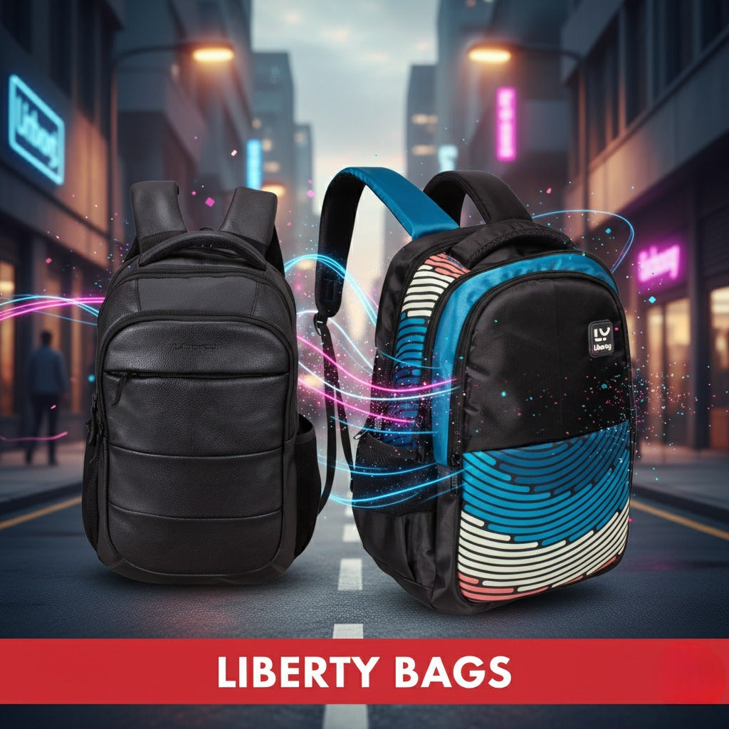 Two backpacks, one black and one with blue and white design, on a city street background with 'Liberty Bags' branding.