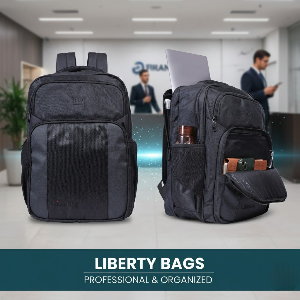 Two black backpacks with a blurred office background and 'Liberty Bags' branding.