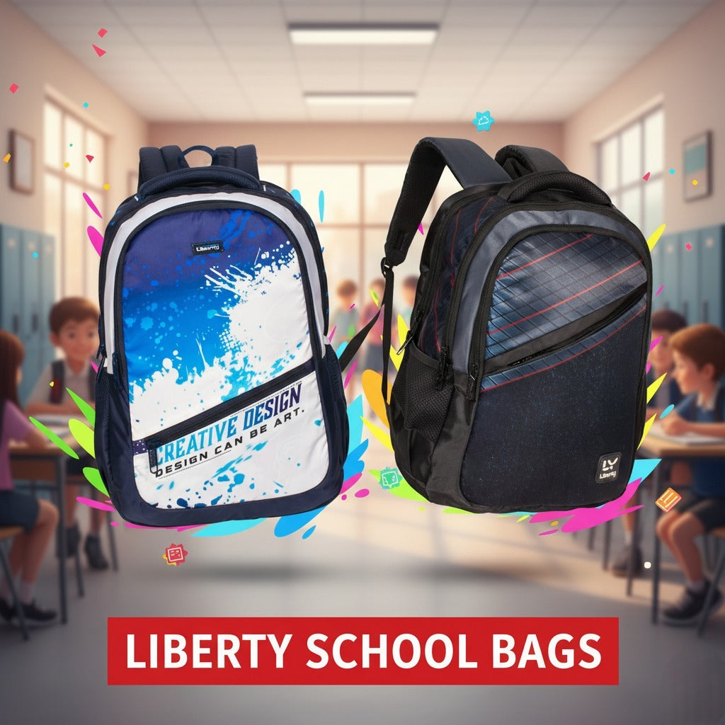 Two school bags with colorful design and text in a classroom setting, featuring 'Liberty School Bags' branding.